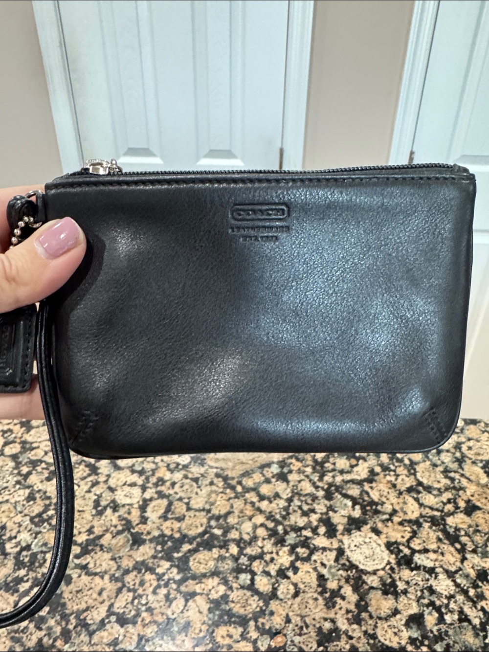 Coach Black Leather Zip Wristlet with Strap